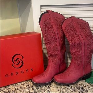 Women’s Red Embroidered Knee-High Western Booties
